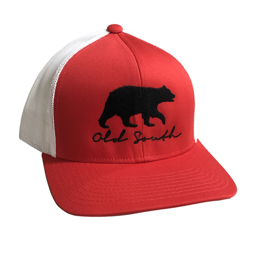 Old South Bear Walking Mens Snapback Trucker Hat-Red/White