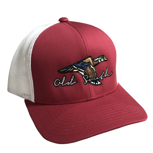 Old South Flying Wood Duck Mens Snapback Trucker Hat-Cardinal/White