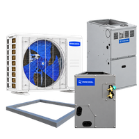 MRCOOL VersaPro four-piece 80% furnace bundle overview: condenser, furnace, cased coil and flange. See individual photos for exact models.