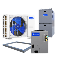 MRCOOL VersaPro four-piece 96% furnace bundle overview: condenser, furnace, cased coil and flange. See individual photos for exact models.