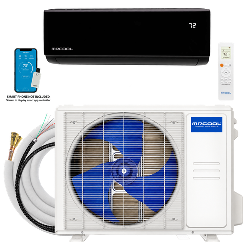 MRCOOL DIY Select system with black indoor air handler, outdoor condenser and installation kit