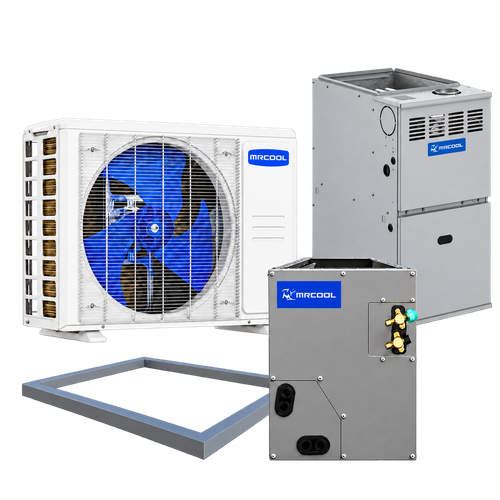 MRCOOL VersaPro four-piece 80% furnace bundle overview: condenser, furnace, cased coil and flange. See individual photos for exact models.
