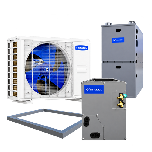 MRCOOL VersaPro four-piece 96% furnace bundle overview: condenser, furnace, cased coil and flange. See individual photos for exact models.