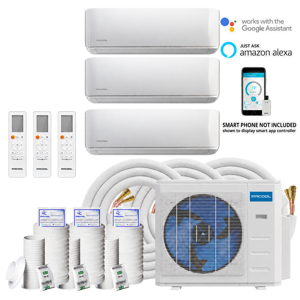MRCOOL three-room system with three wall units, one outdoor unit and connection accessories