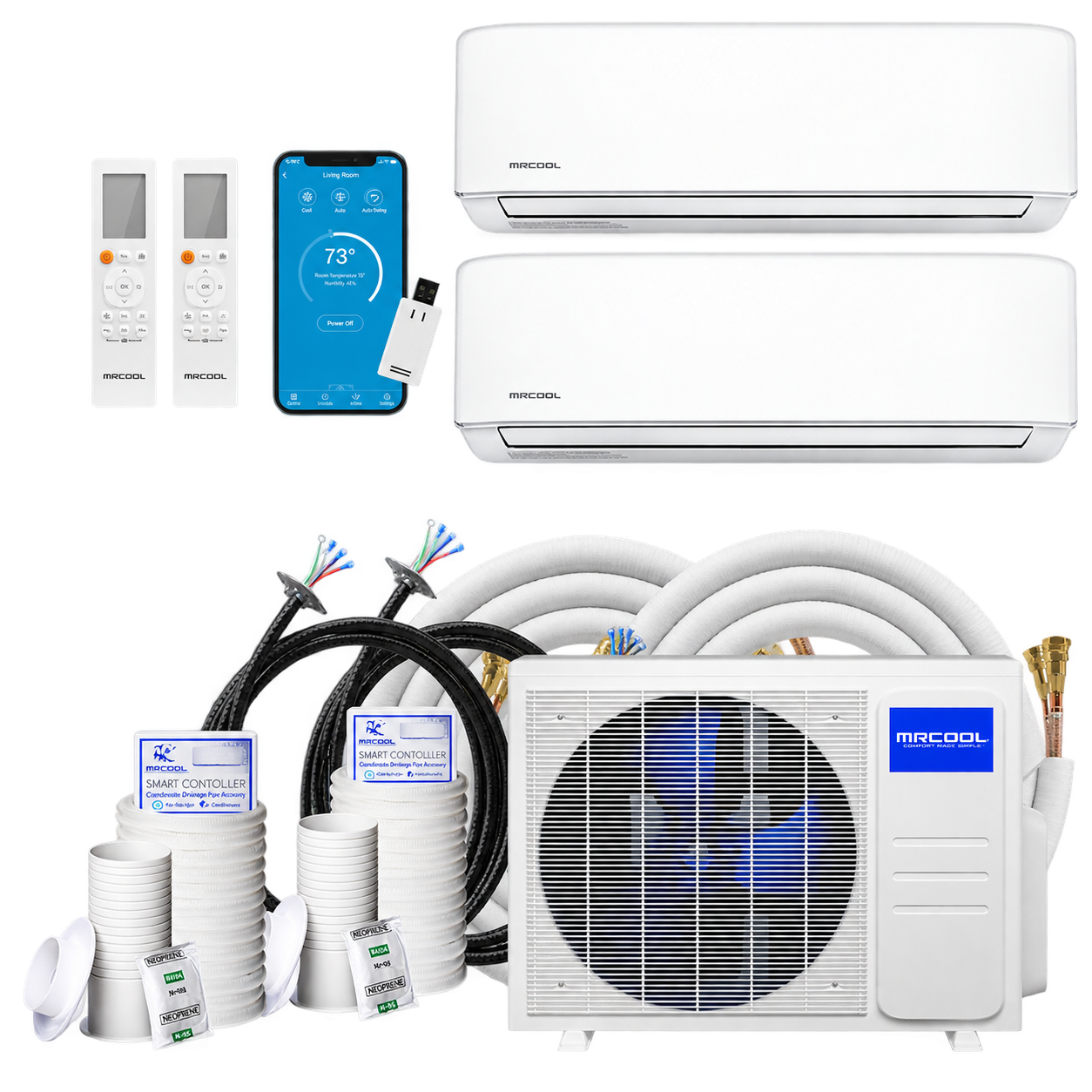 MRCOOL two-room system with two wall units, one outdoor unit and connection accessories