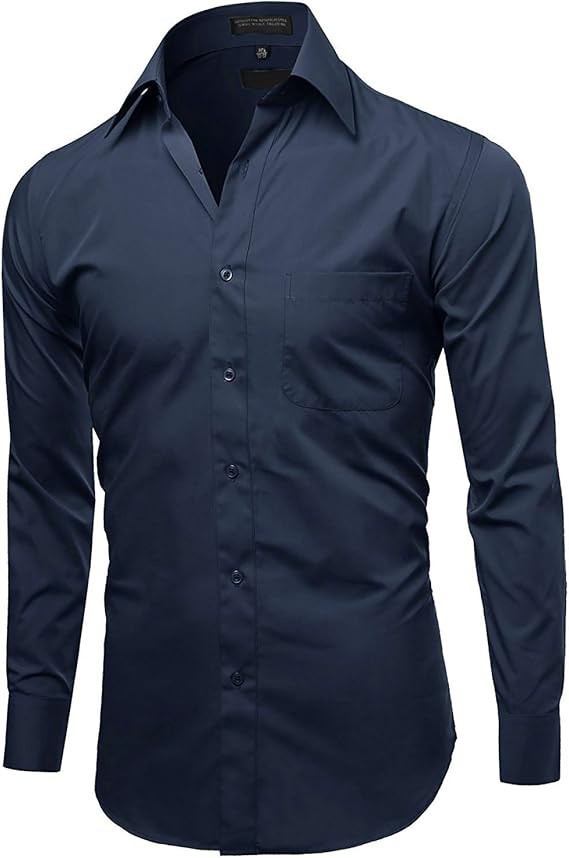 Men's Regular Fit Solid Dress Shirt With Convertible Cuffs - 60% Cotton 40% Polyester, Navy & Charcoal, 17.5 Neck 37 Sleeve