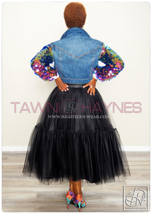 Tawni Haynes Dark Denim Jacket W/ Sequin Sleeves
