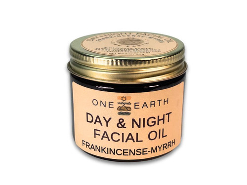 One Earth Body Care Day & Night Facial Oil in amber glass jar, Frankincense-Myrrh 2 oz