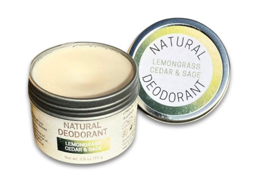 One Earth Body Care Lemongrass-Cedar-Sage Natural Deodorant lid off