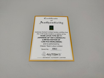 Team Lotus Type 99T F1 Japanese GP #12 - Certificate 963 Team Lotus Type 99T F1 Japanese GP #12 - Certificate 963