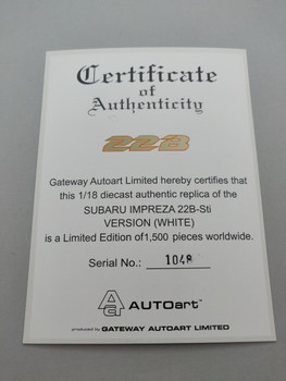 Subaru Impreza 22B White - Certificate #1048 Subaru Impreza 22B White - Certificate #1048