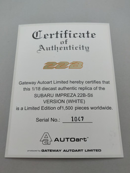 Subaru Impreza 22B White - Certificate #1047 Subaru Impreza 22B White - Certificate #1047