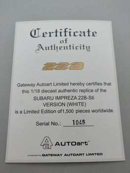 Subaru Impreza 22B White - Certificate #1045 Subaru Impreza 22B White - Certificate #1045