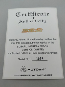 Subaru Impreza 22B White - Certificate #1038 Subaru Impreza 22B White - Certificate #1038