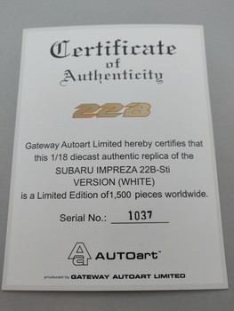 Subaru Impreza 22B White - Certificate #1037 Subaru Impreza 22B White - Certificate #1037