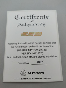 Subaru Impreza 22B White - Certificate #1050 Subaru Impreza 22B White - Certificate #1050