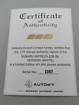 Subaru Impreza 22B White - Certificate #1067 Subaru Impreza 22B White - Certificate #1067