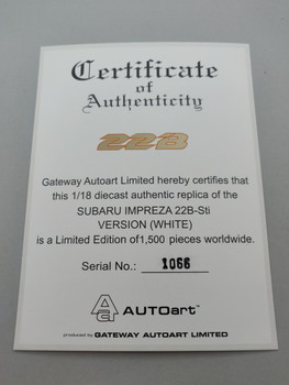 Subaru Impreza 22B White - Certificate #1066 Subaru Impreza 22B White - Certificate #1066