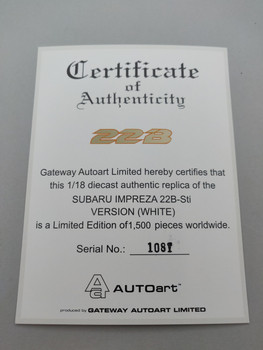 Subaru Impreza 22B White - Certificate #1081 Subaru Impreza 22B White - Certificate #1081