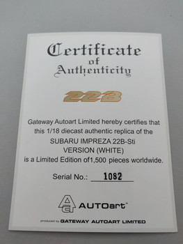 Subaru Impreza 22B White - Certificate #1082 Subaru Impreza 22B White - Certificate #1082