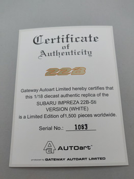 Subaru Impreza 22B White - Certificate #1083 Subaru Impreza 22B White - Certificate #1083