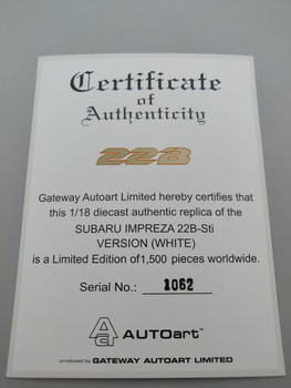 Subaru Impreza 22B White - Certificate #1062 Subaru Impreza 22B White - Certificate #1062