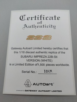 Subaru Impreza 22B White - Certificate #1049 Subaru Impreza 22B White - Certificate #1049