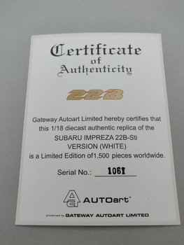 Subaru Impreza 22B White - Certificate #1061 Subaru Impreza 22B White - Certificate #1061