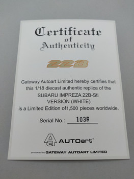 Subaru Impreza 22B White - Certificate #1036 Subaru Impreza 22B White - Certificate #1036