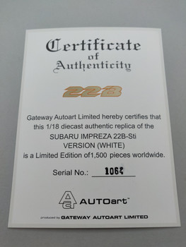Subaru Impreza 22B White - Certificate #1064 Subaru Impreza 22B White - Certificate #1064