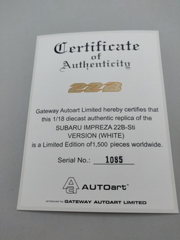 Subaru Impreza 22B White - Certificate #1085 Subaru Impreza 22B White - Certificate #1085