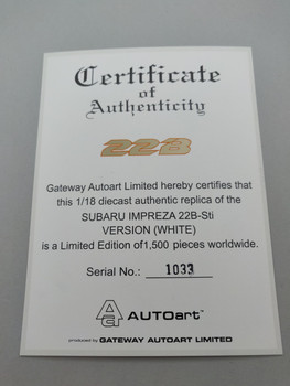 Subaru Impreza 22B White - Certificate #1033 Subaru Impreza 22B White - Certificate #1033