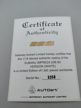 Subaru Impreza 22B White - Certificate #1058 Subaru Impreza 22B White - Certificate #1058