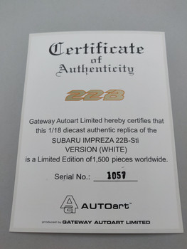 Subaru Impreza 22B White - Certificate #1057 Subaru Impreza 22B White - Certificate #1057