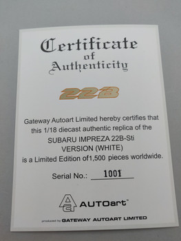 Subaru Impreza 22B White - Certificate #1001 Subaru Impreza 22B White - Certificate #1001