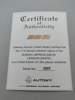 Subaru Impreza 22B White - Certificate #0997 Subaru Impreza 22B White - Certificate #0997