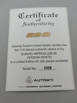 Subaru Impreza 22B White - Certificate #0996
