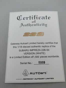 Subaru Impreza 22B White - Certificate #0999 Subaru Impreza 22B White - Certificate #0999