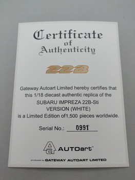 Subaru Impreza 22B White - Certificate #0991 Subaru Impreza 22B White - Certificate #0991