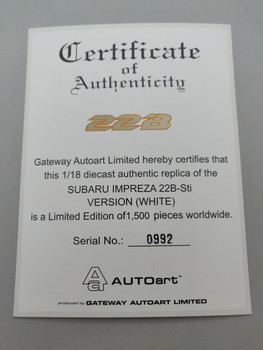 Subaru Impreza 22B White - Certificate #0992 Subaru Impreza 22B White - Certificate #0992