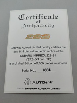 Subaru Impreza 22B White - Certificate #0994 Subaru Impreza 22B White - Certificate #0994