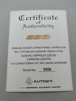 Subaru Impreza 22B White - Certificate #0988 Subaru Impreza 22B White - Certificate #0988