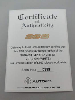 Subaru Impreza 22B White - Certificate #0989 Subaru Impreza 22B White - Certificate #0989
