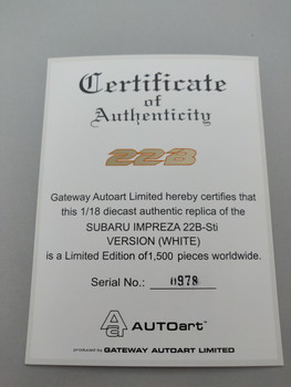Subaru Impreza 22B White - Certificate #0978 Subaru Impreza 22B White - Certificate #0978