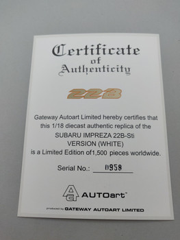 Subaru Impreza 22B White - Certificate #0958 Subaru Impreza 22B White - Certificate #0958