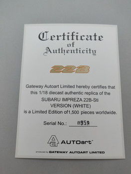 Subaru Impreza 22B White - Certificate #0959 Subaru Impreza 22B White - Certificate #0959