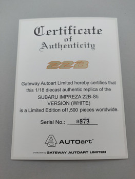 Subaru Impreza 22B White - Certificate #0973 Subaru Impreza 22B White - Certificate #0973