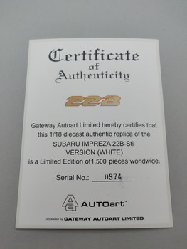 Subaru Impreza 22B White - Certificate #0974 Subaru Impreza 22B White - Certificate #0974