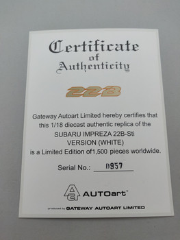Subaru Impreza 22B White - Certificate #0957 Subaru Impreza 22B White - Certificate #0957