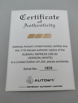 Subaru Impreza 22B White - Certificate #0956 Subaru Impreza 22B White - Certificate #0956